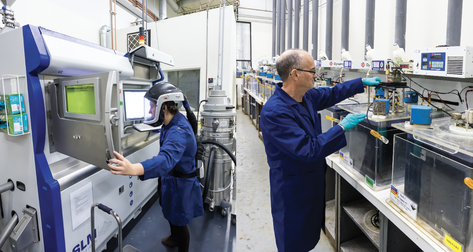 Left - 3D Printing Technician Emma Koyn setting up one of Vitesse’s three metal-alloy printers.Right - Electroplating is a well understood but complex additive manufacturing process that yields Vitesse the best performance attributes. Lead Electroformer Lab Technician Bryan Johnson.